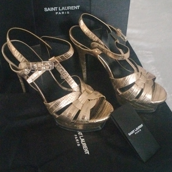 YSL metallic Gold Lizard Embossed Leather Tribute Ankle Strap Platform heels - Picture 2 of 16